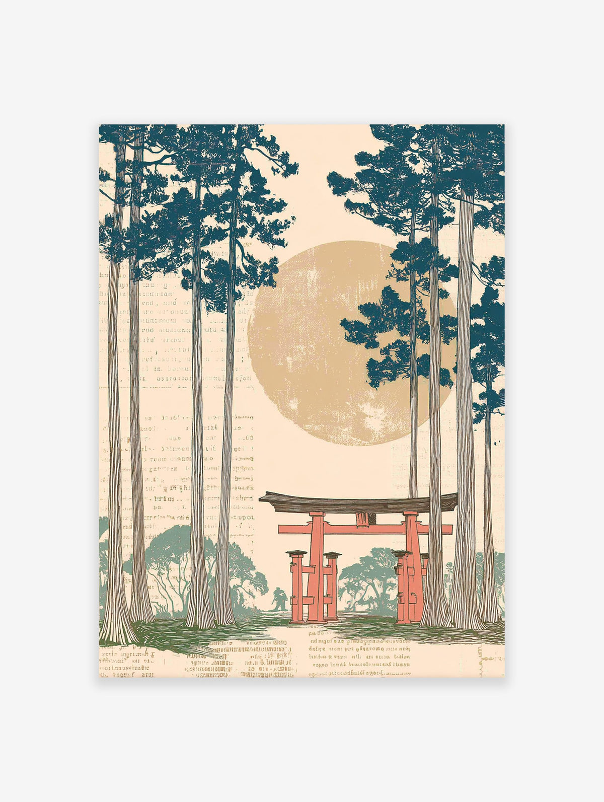 Japanese Wall Art print featuring a red torii gate, tall pine trees, and a large sun in an illustrative, Ukiyo-e style.
