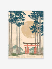Japanese Wall Art print featuring a red torii gate, tall pine trees, and a large sun in an illustrative, Ukiyo-e style.