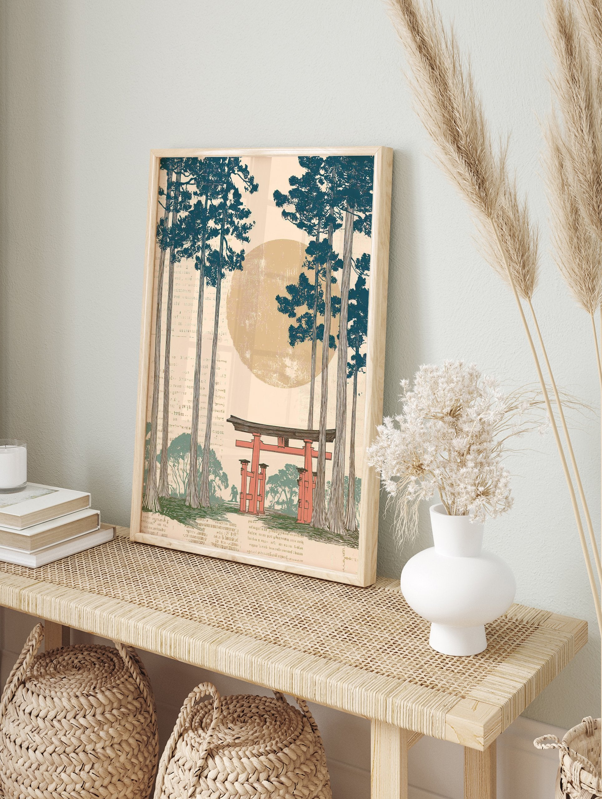 Japanese Wall Art print featuring a red torii gate, tall pine trees, and a large sun in an illustrative, Ukiyo-e style. - Image 3