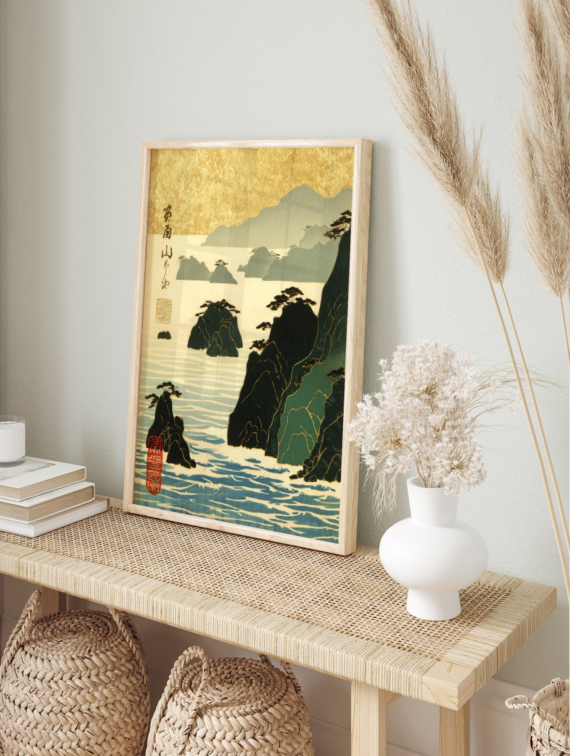 Japanese Wall Art depicting a serene coastal landscape with islands, green mountains, and blue water under a golden sky. - Image 3