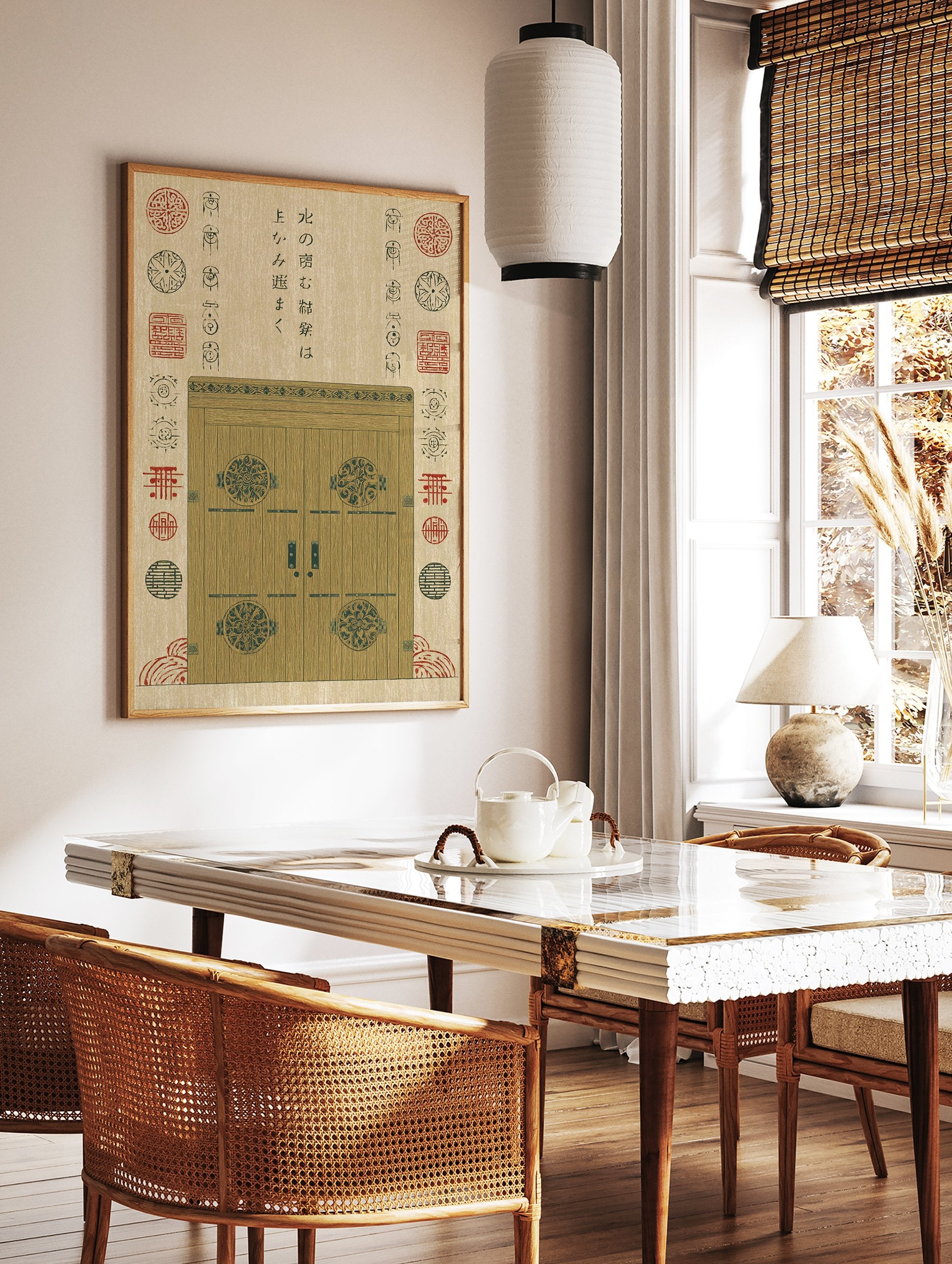 Traditional Japanese wooden door illustration with ornate circular patterns, cultural symbols, and Kanji script on a beige background. - Image 2