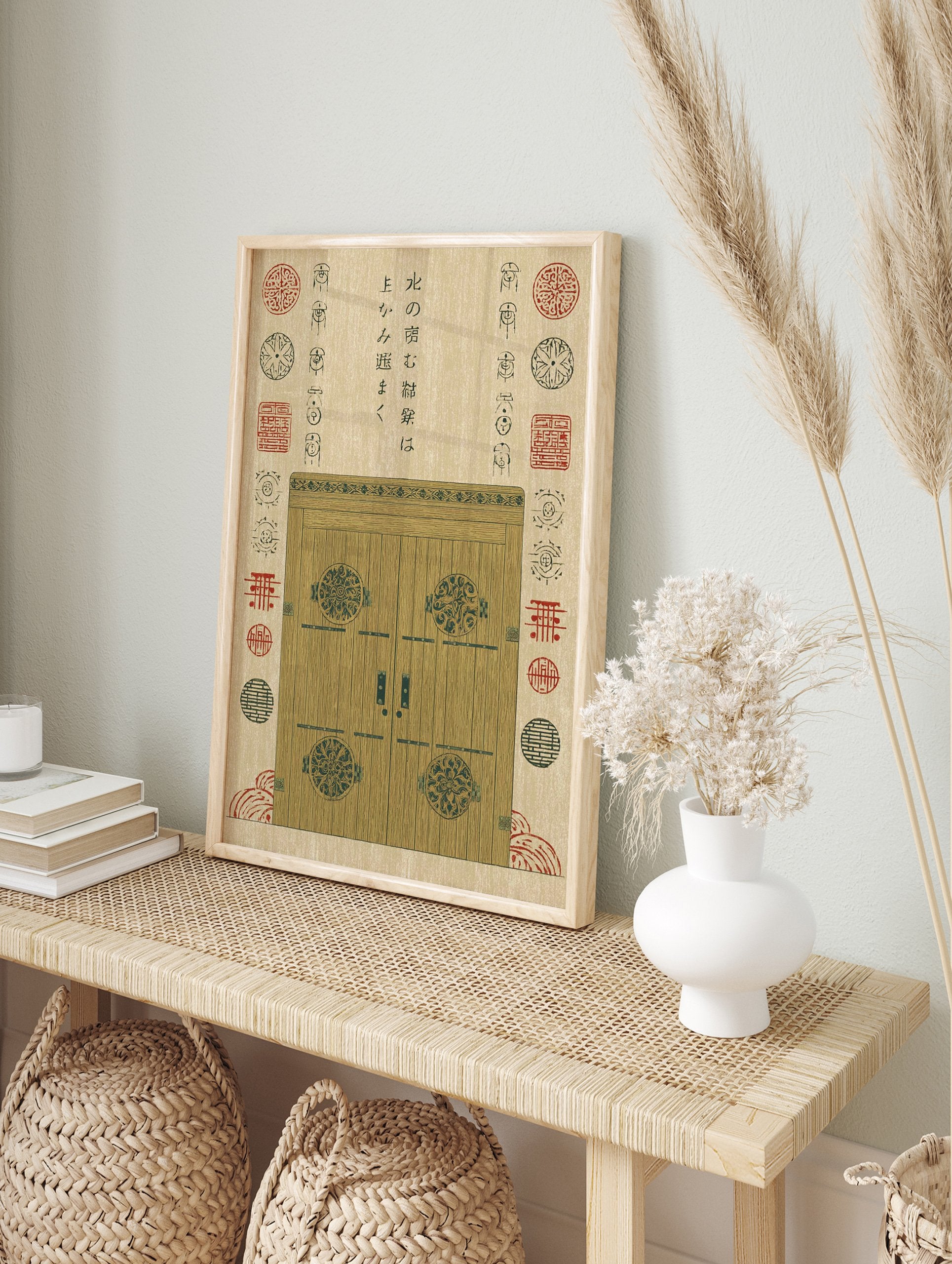Traditional Japanese wooden door illustration with ornate circular patterns, cultural symbols, and Kanji script on a beige background. - Image 3