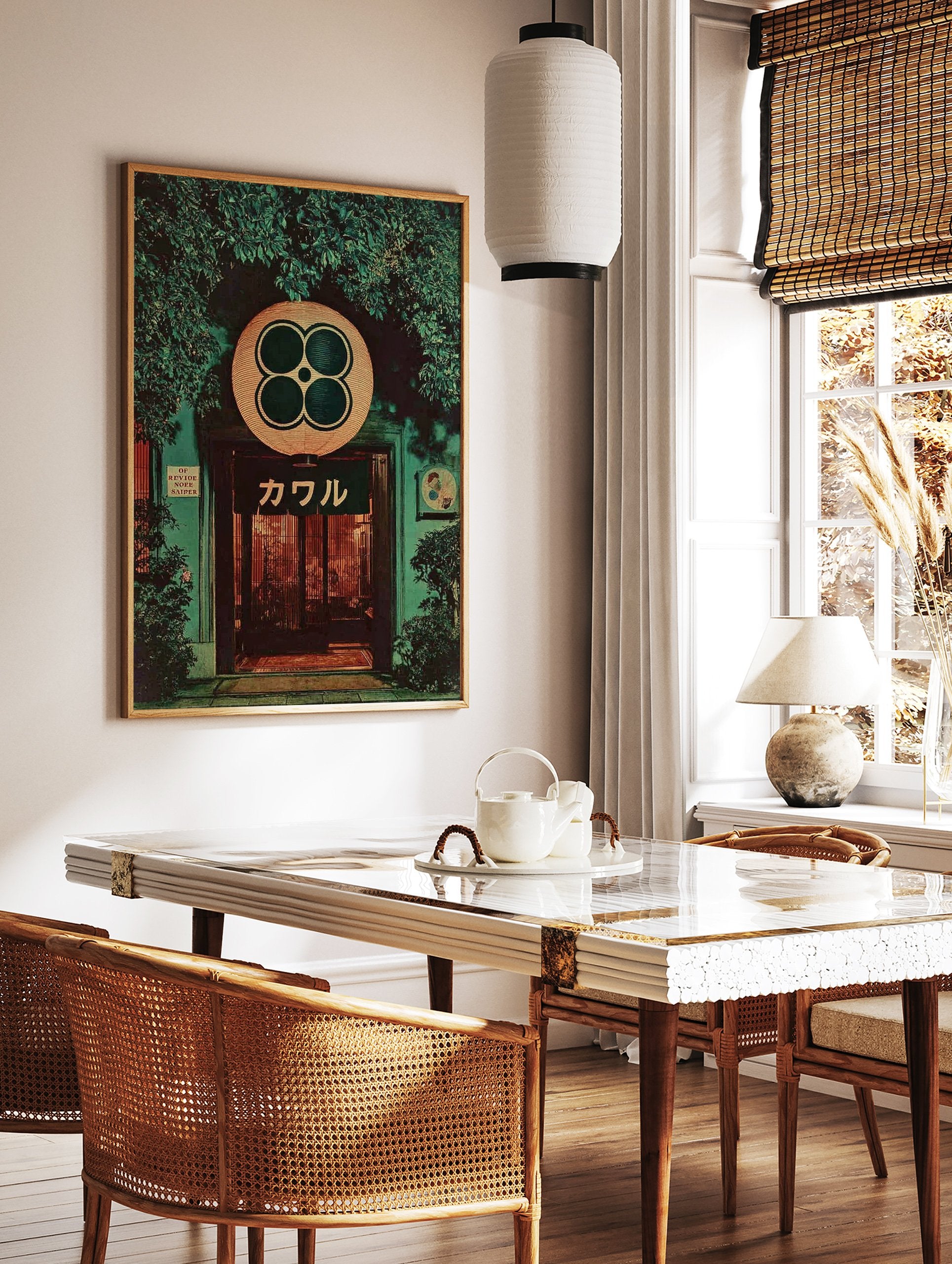 Traditional Japanese entrance with green foliage, a large round lantern, and a dark noren with Japanese characters. Japanese Wall Art. - Image 3