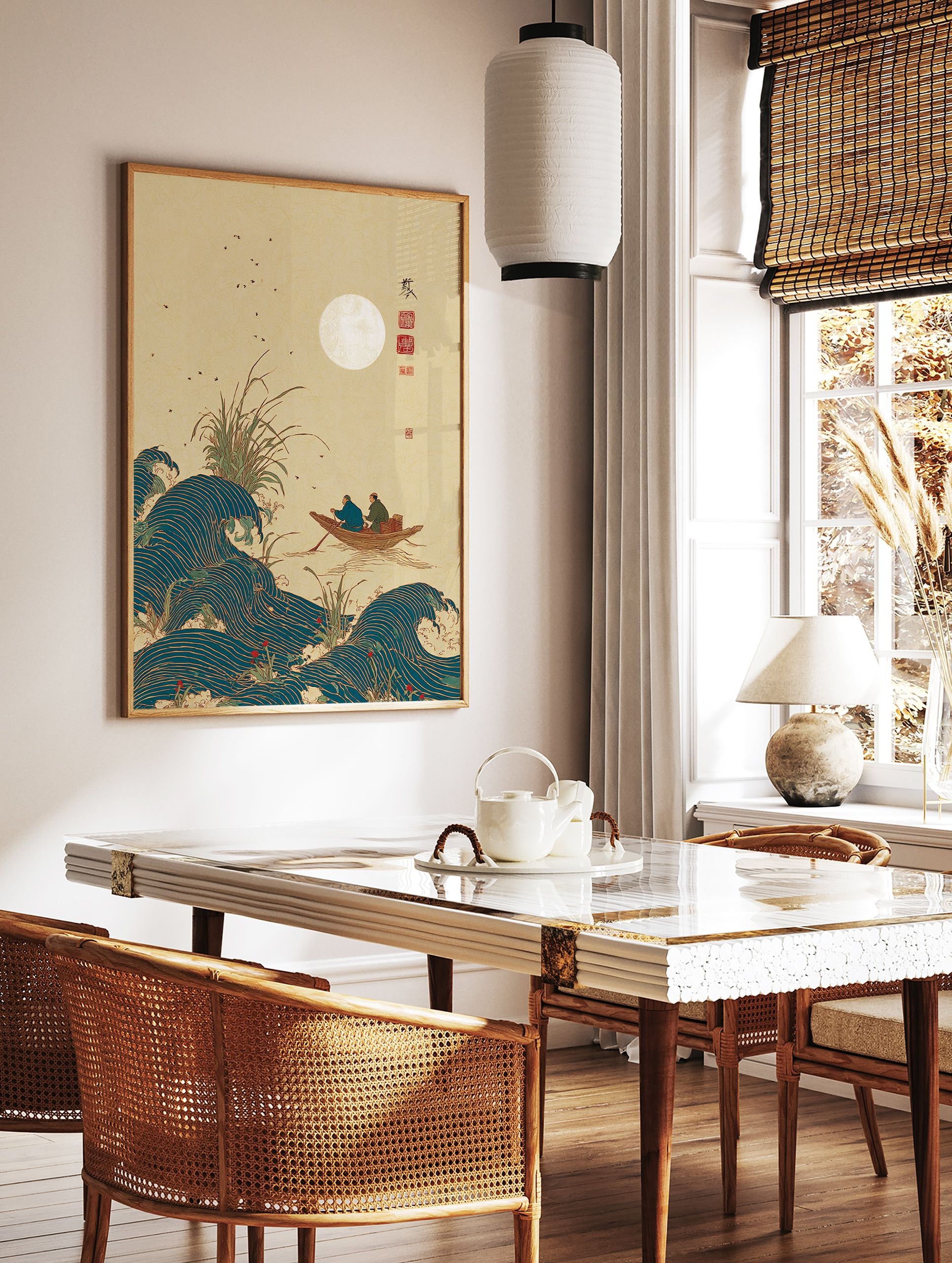 Japanese Wall Art print of two people in a boat on wavy water under a full moon, with reeds and flying birds. - Image 2