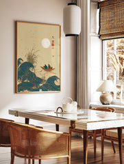 Japanese Wall Art print of two people in a boat on wavy water under a full moon, with reeds and flying birds. - Image 2