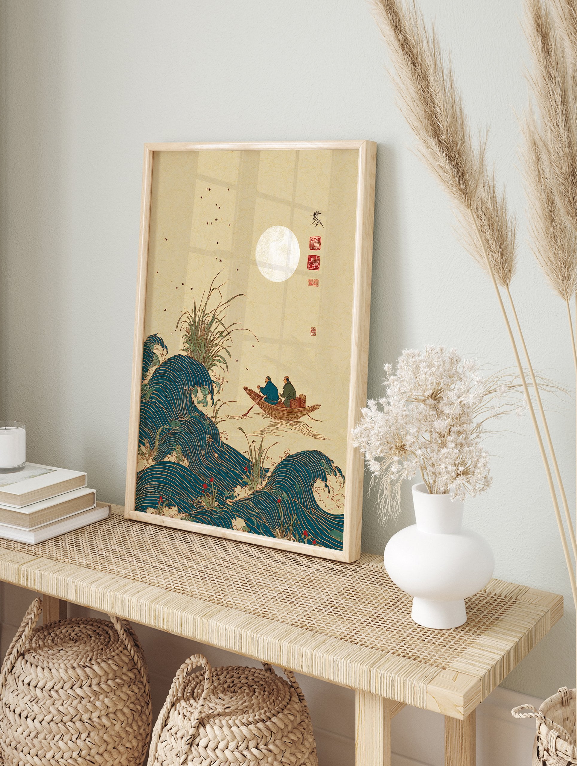 Japanese Wall Art print of two people in a boat on wavy water under a full moon, with reeds and flying birds. - Image 3