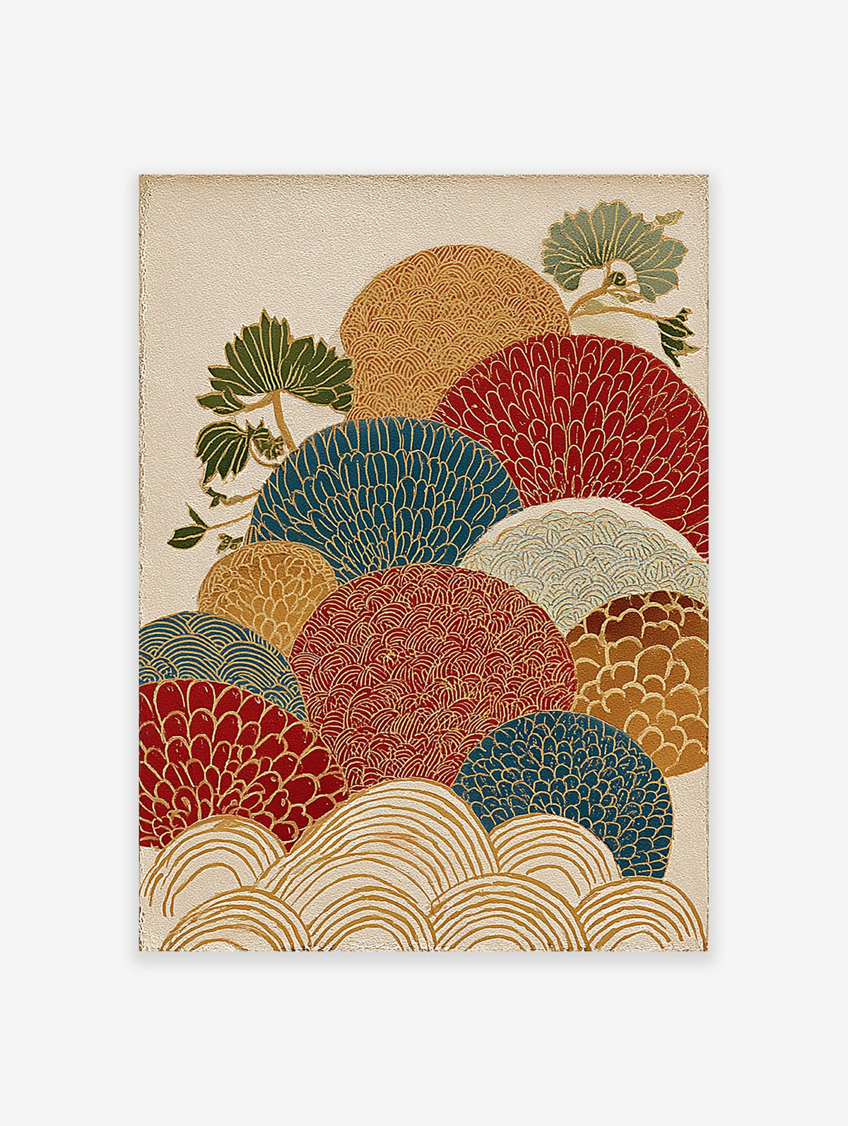 Japanese wall art print with layered traditional fan patterns in red, blue, gold, white, brown, and green pine trees.