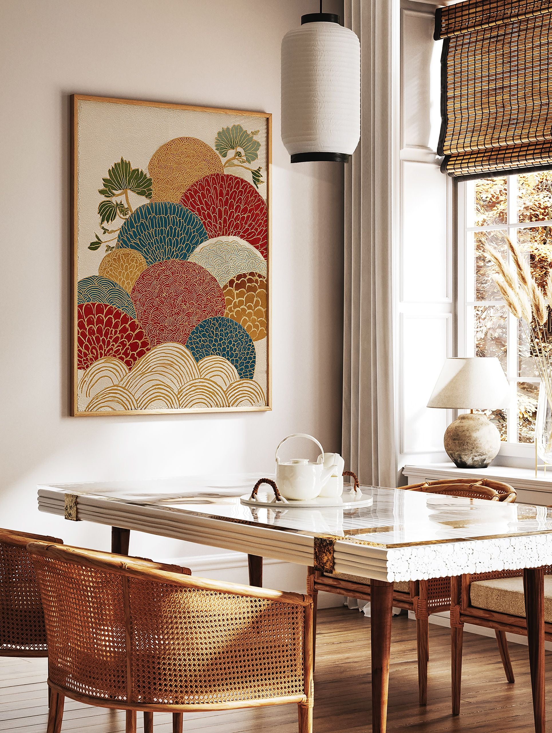 Japanese wall art print with layered traditional fan patterns in red, blue, gold, white, brown, and green pine trees. - Image 2
