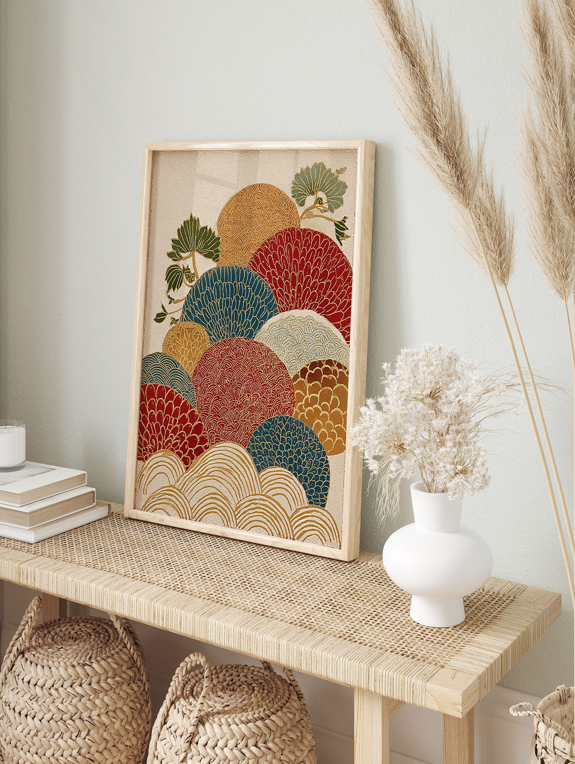 Japanese wall art print with layered traditional fan patterns in red, blue, gold, white, brown, and green pine trees. - Image 3