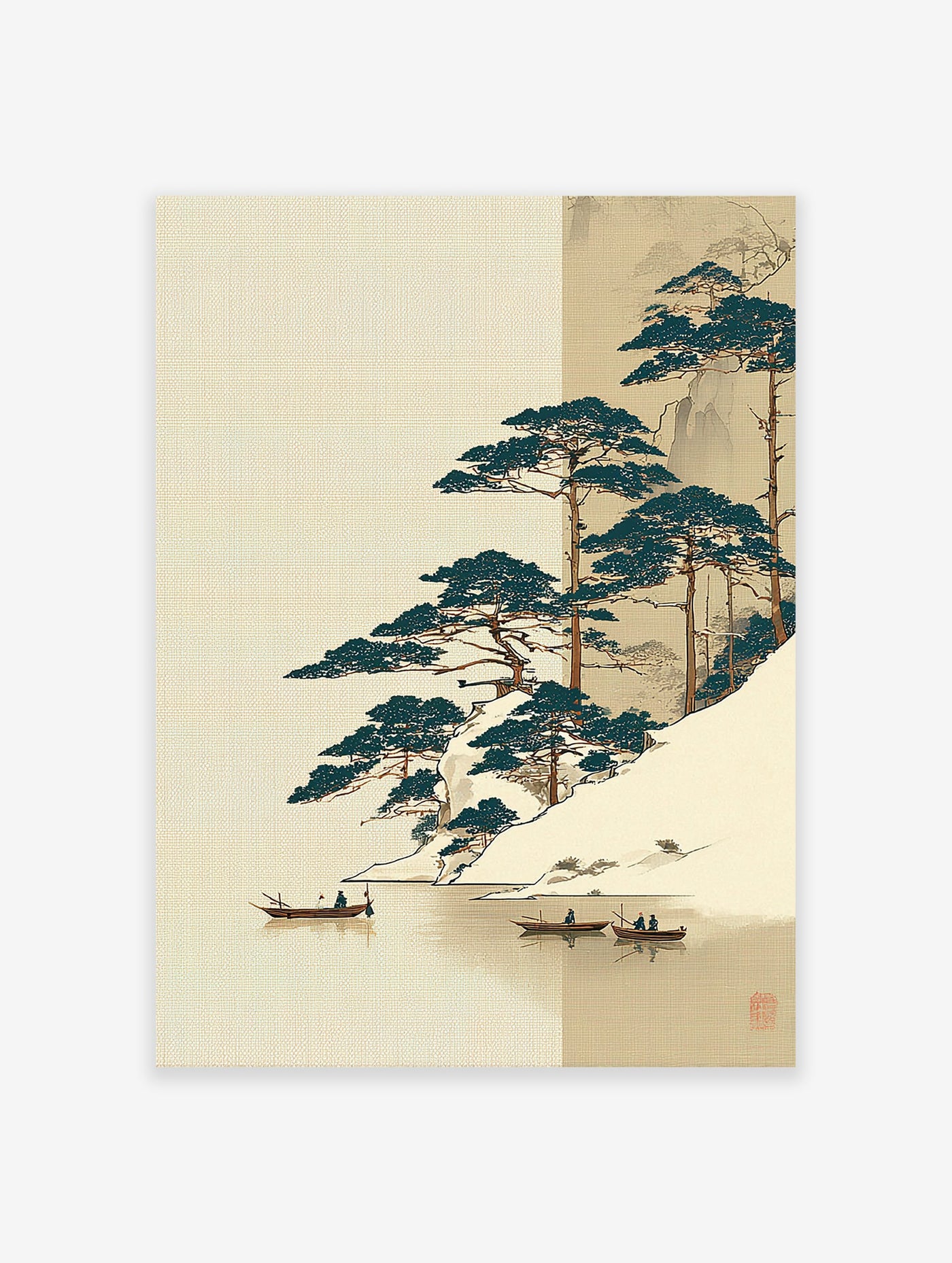 Japanese wall art print of a snowy landscape with pine trees, boats on water, and traditional Asian art style.