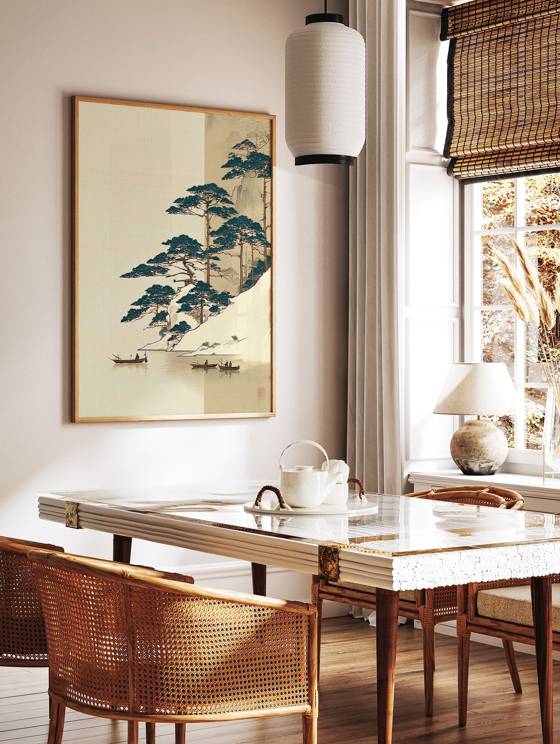 Japanese wall art print of a snowy landscape with pine trees, boats on water, and traditional Asian art style. - Image 2