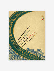 Japanese Wall Art print with a large teal and gold wave, blue swirling patterns, and five black paddles with colored tips.