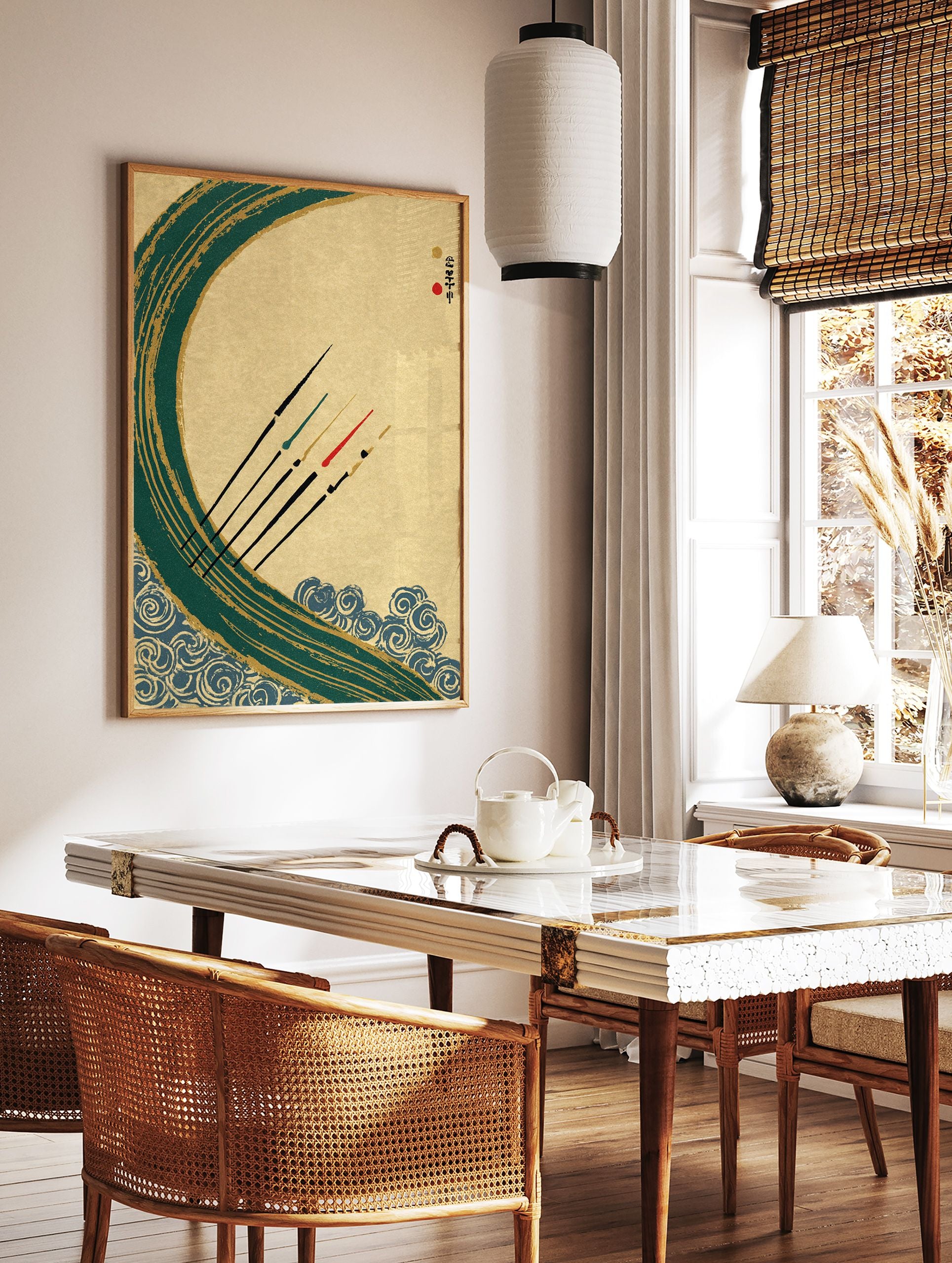 Japanese Wall Art print with a large teal and gold wave, blue swirling patterns, and five black paddles with colored tips. - Image 2