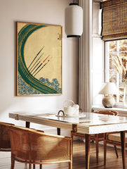 Japanese Wall Art print with a large teal and gold wave, blue swirling patterns, and five black paddles with colored tips. - Image 2