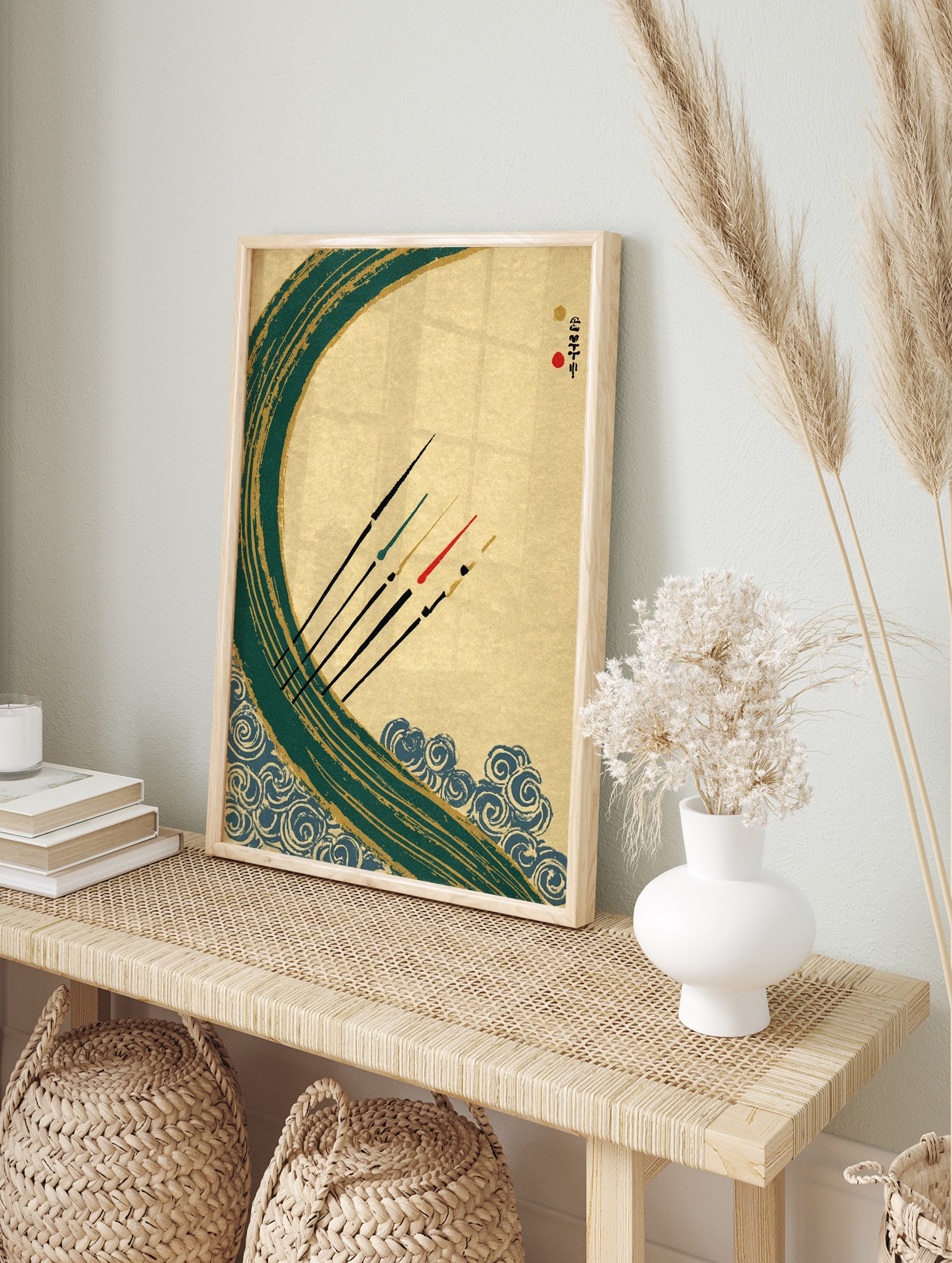 Japanese Wall Art print with a large teal and gold wave, blue swirling patterns, and five black paddles with colored tips. - Image 3