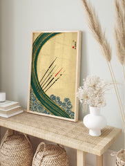 Japanese Wall Art print with a large teal and gold wave, blue swirling patterns, and five black paddles with colored tips. - Image 3