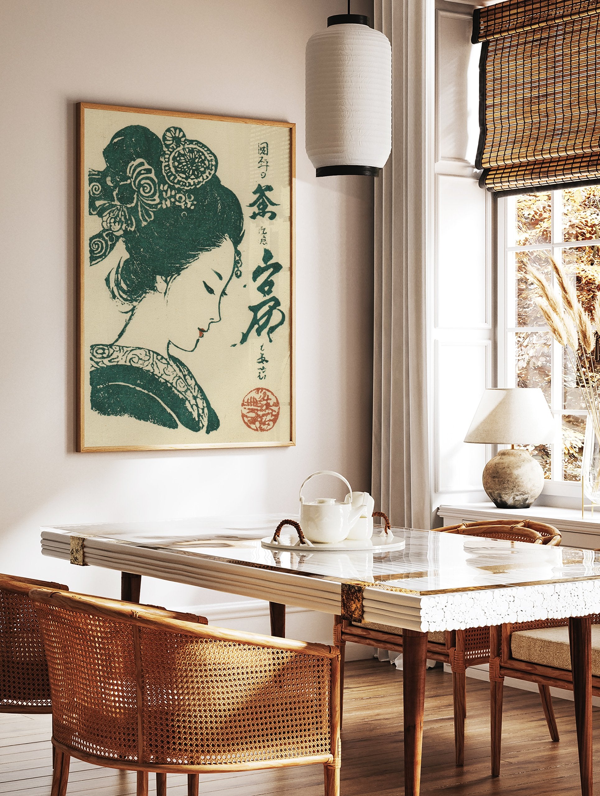 Traditional Japanese woodblock print of a woman in profile with elaborate green hair, red lips, and calligraphy. - Image 2