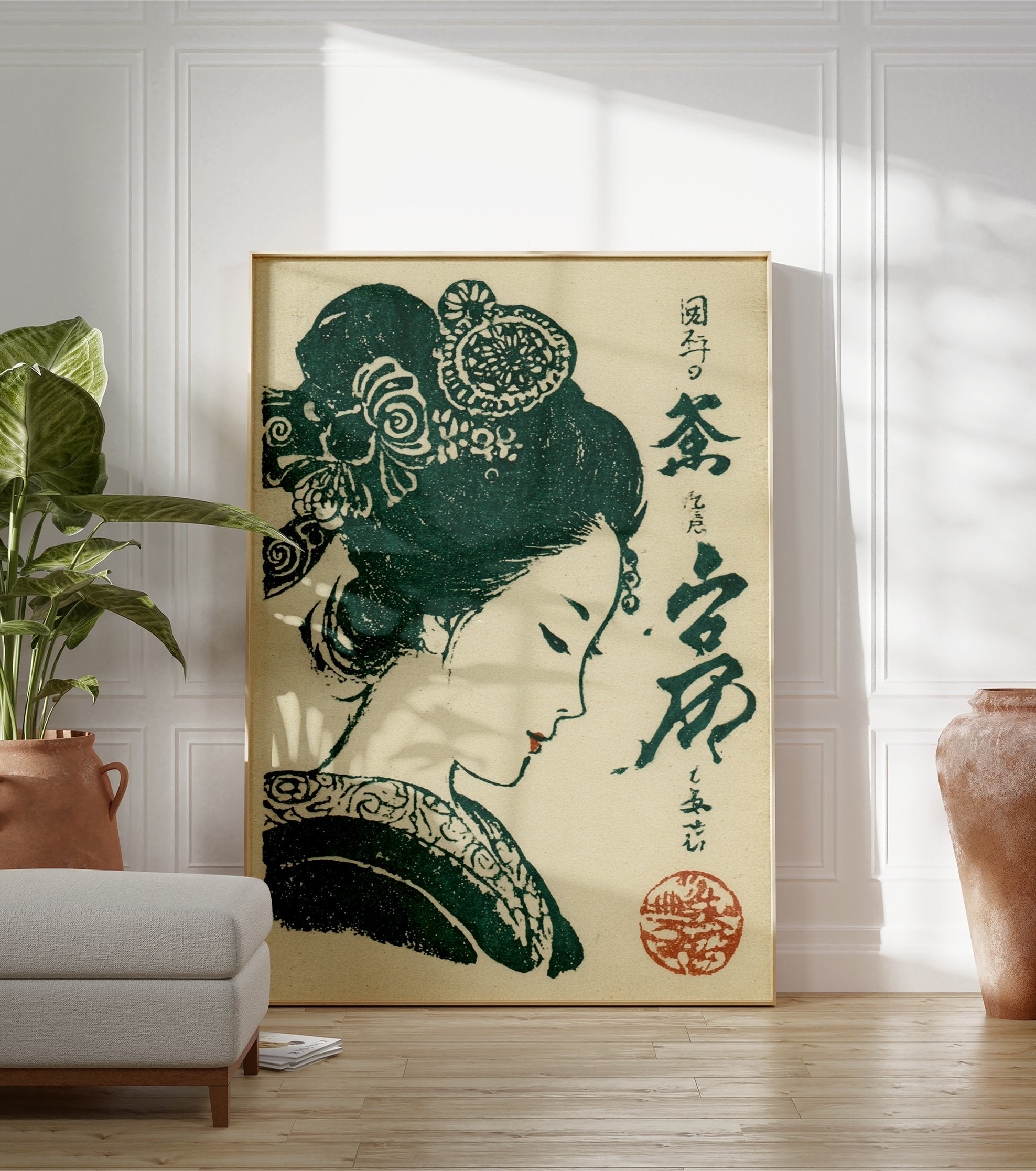Traditional Japanese woodblock print of a woman in profile with elaborate green hair, red lips, and calligraphy. - Image 3