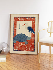 Japanese wall art print featuring a blue turtle and white stork illustration on a red patterned background. - Image 2