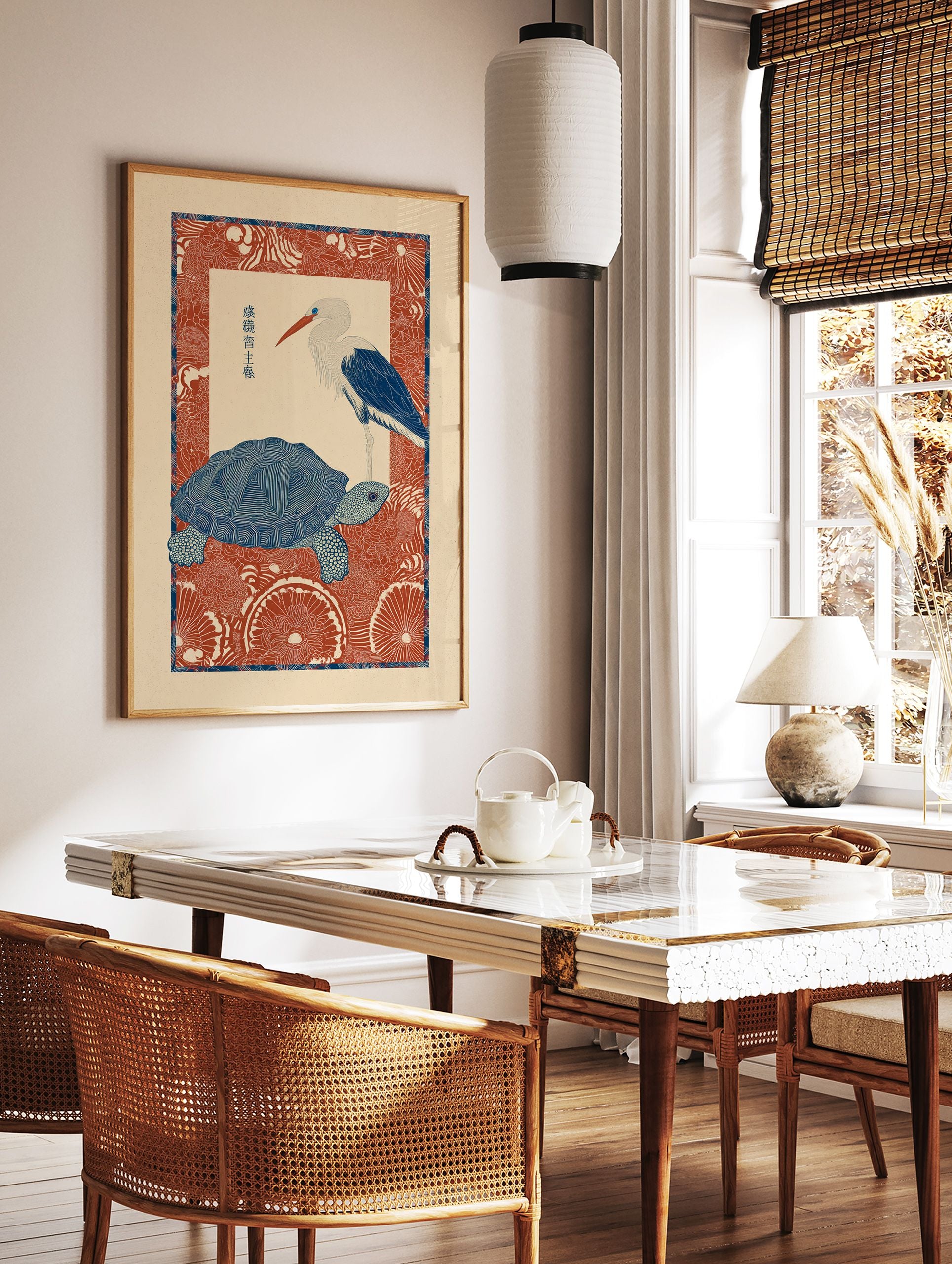 Japanese wall art print featuring a blue turtle and white stork illustration on a red patterned background. - Image 3