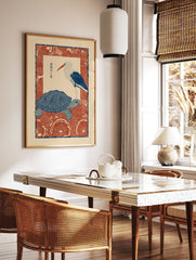 Japanese wall art print featuring a blue turtle and white stork illustration on a red patterned background. - Image 3