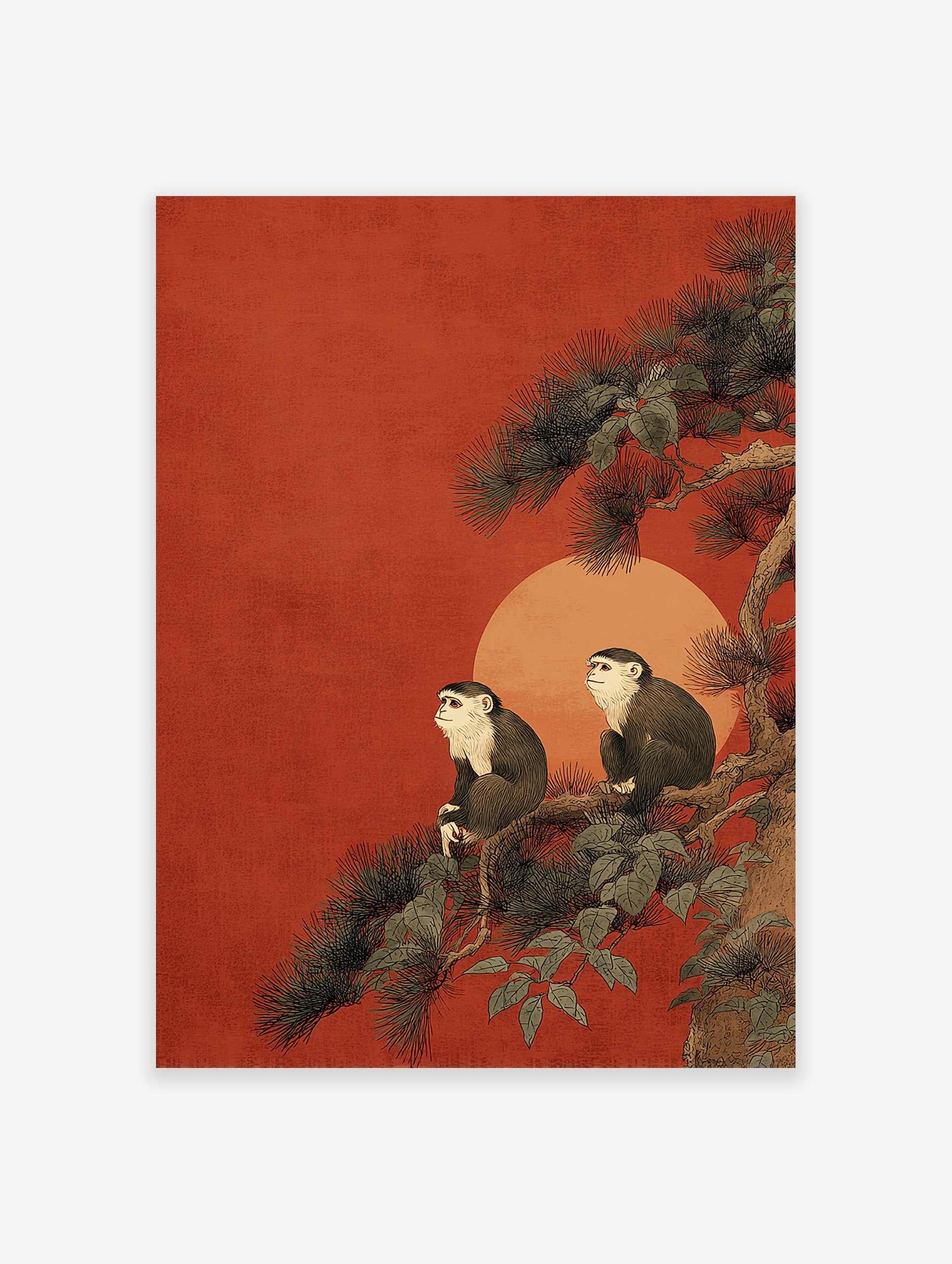 Japanese Wall Art featuring two white-faced monkeys sitting on a dark pine tree branch against a red sun and textured orange background.