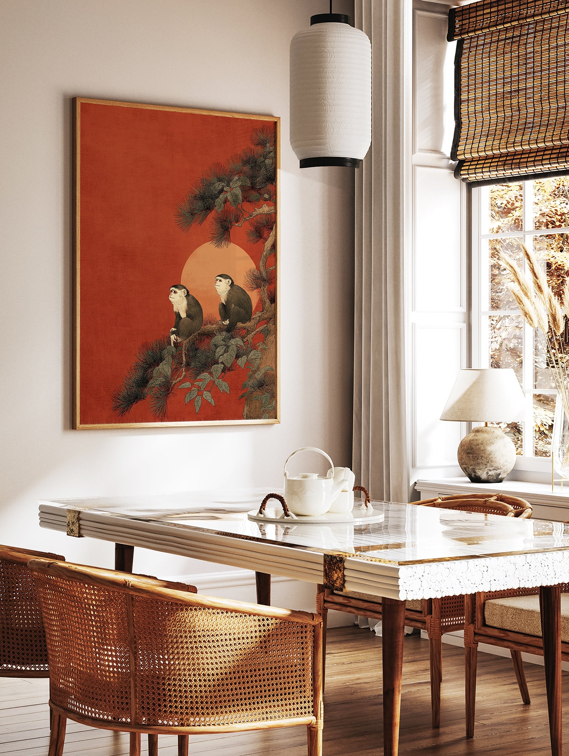 Japanese Wall Art featuring two white-faced monkeys sitting on a dark pine tree branch against a red sun and textured orange background. - Image 2