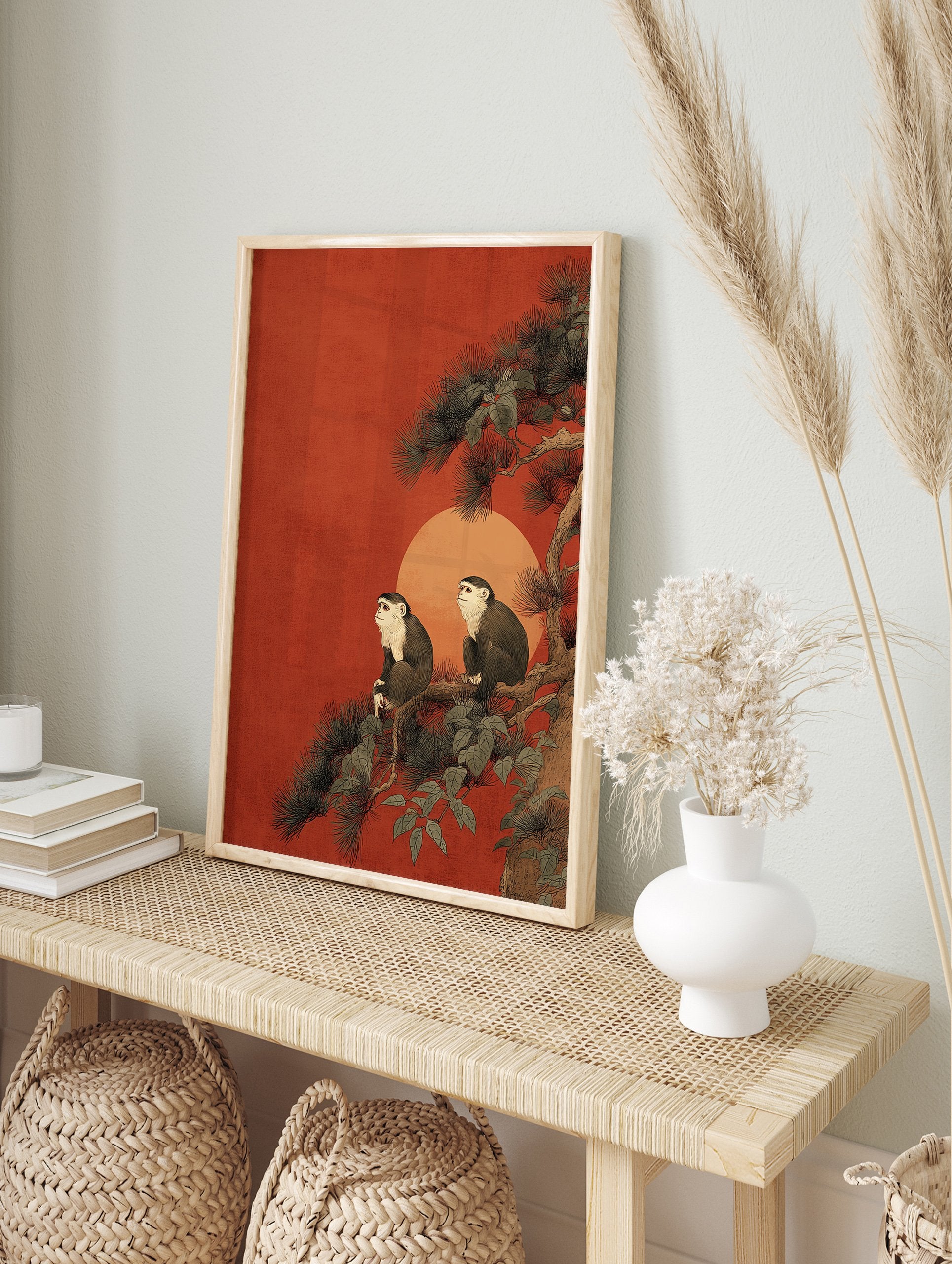Japanese Wall Art featuring two white-faced monkeys sitting on a dark pine tree branch against a red sun and textured orange background. - Image 3