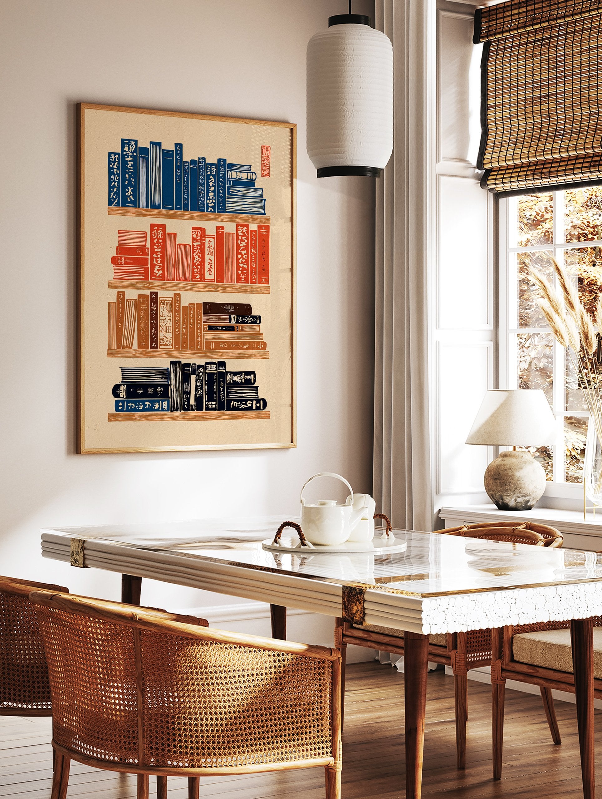 Japanese wall art print depicting stacked bookshelves with traditional Ukiyo-e style books in blue, red, and brown. - Image 2