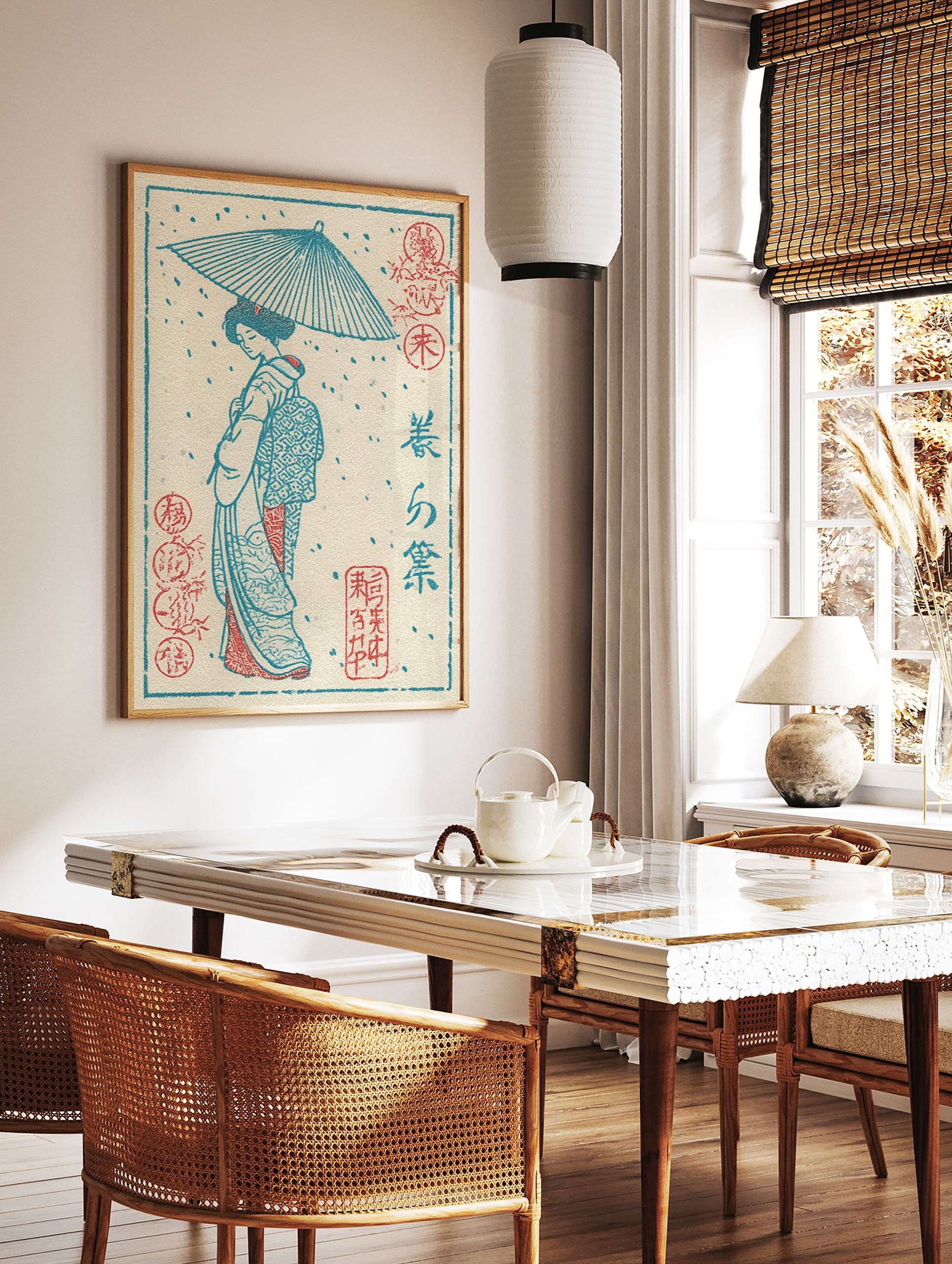 Traditional Japanese Ukiyo-e print of a geisha with a blue umbrella in snow, featuring red accents and Japanese script. - Image 2