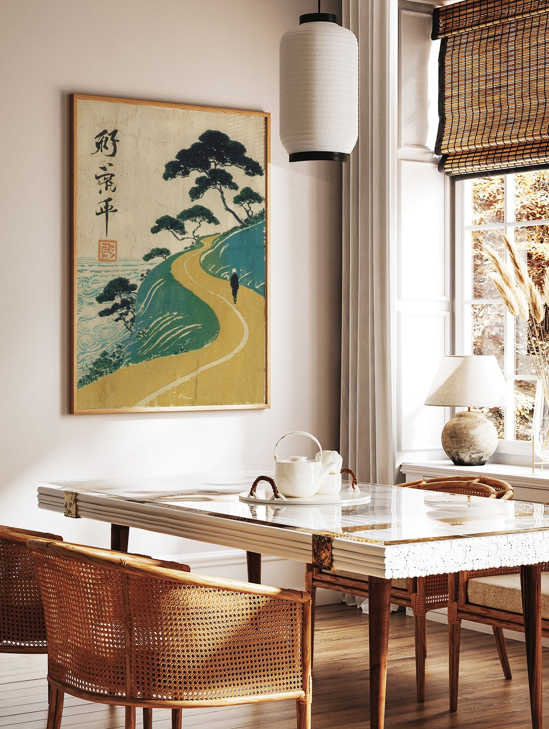 Japanese Ukiyo-e landscape wall art print showing a lone figure walking a winding coastal path with pine trees and ocean. - Image 2