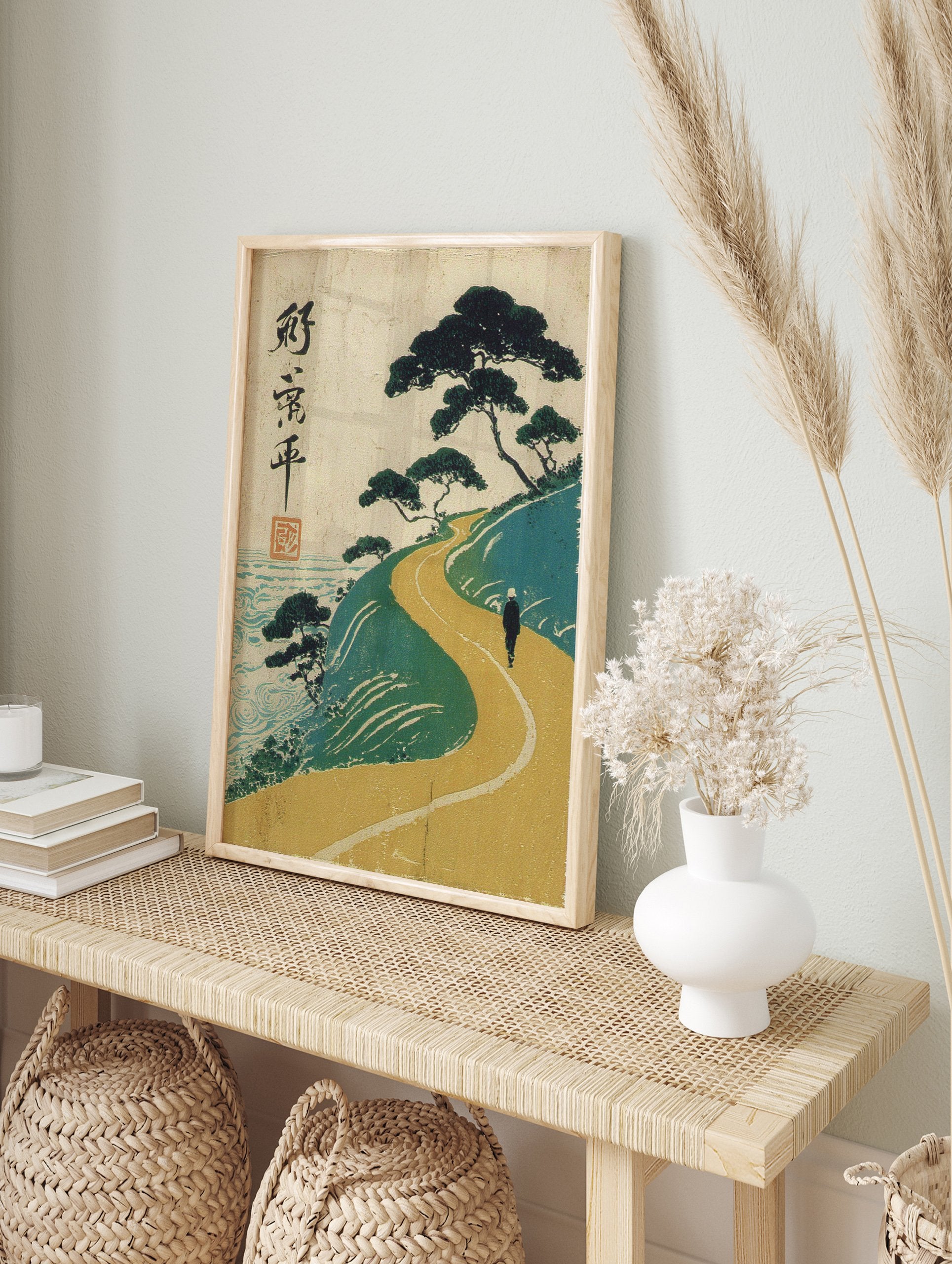 Japanese Ukiyo-e landscape wall art print showing a lone figure walking a winding coastal path with pine trees and ocean. - Image 3