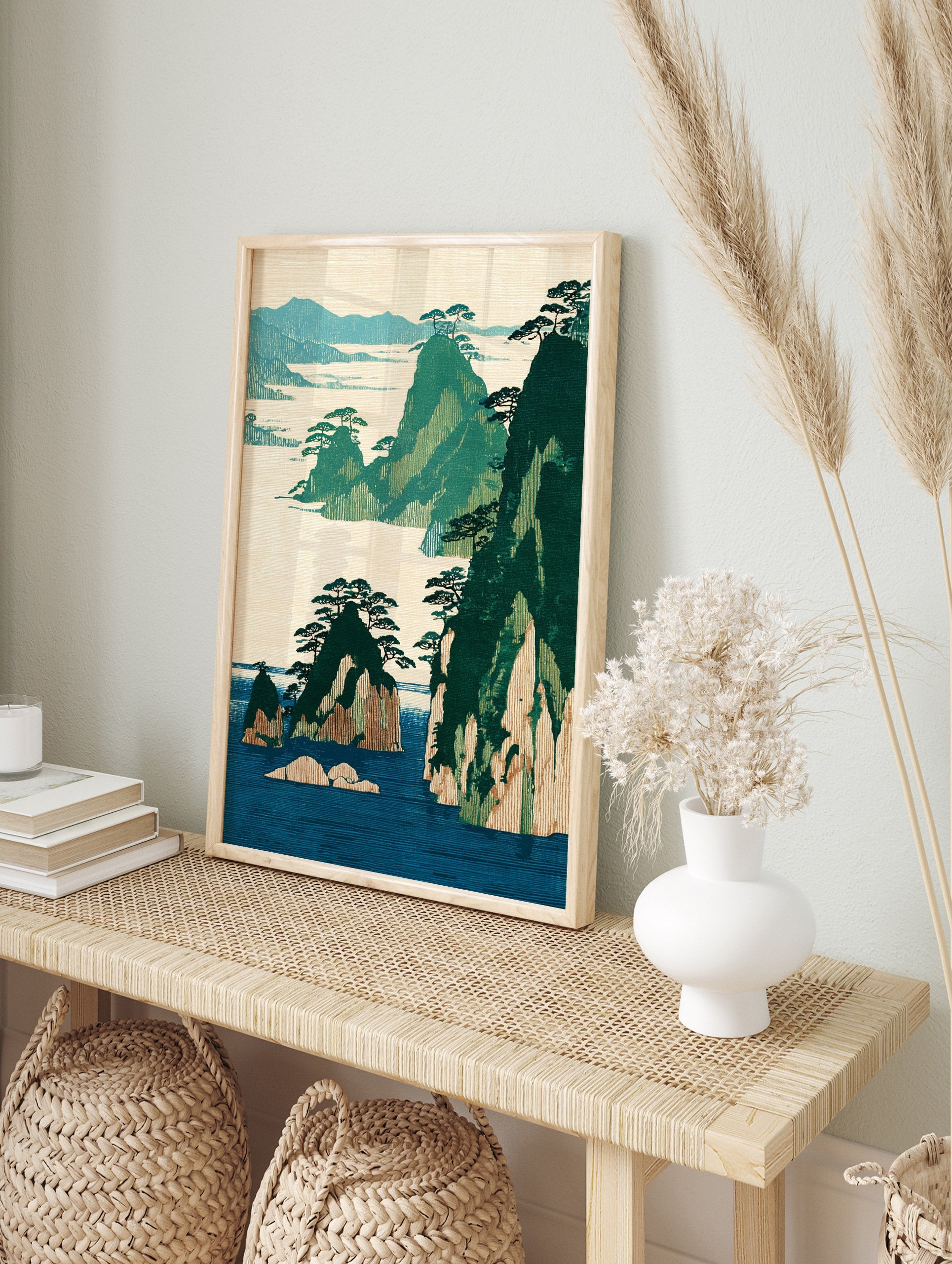 Traditional Japanese landscape art print featuring green islands, mountains, and pine trees in a blue sea and beige sky. - Image 3