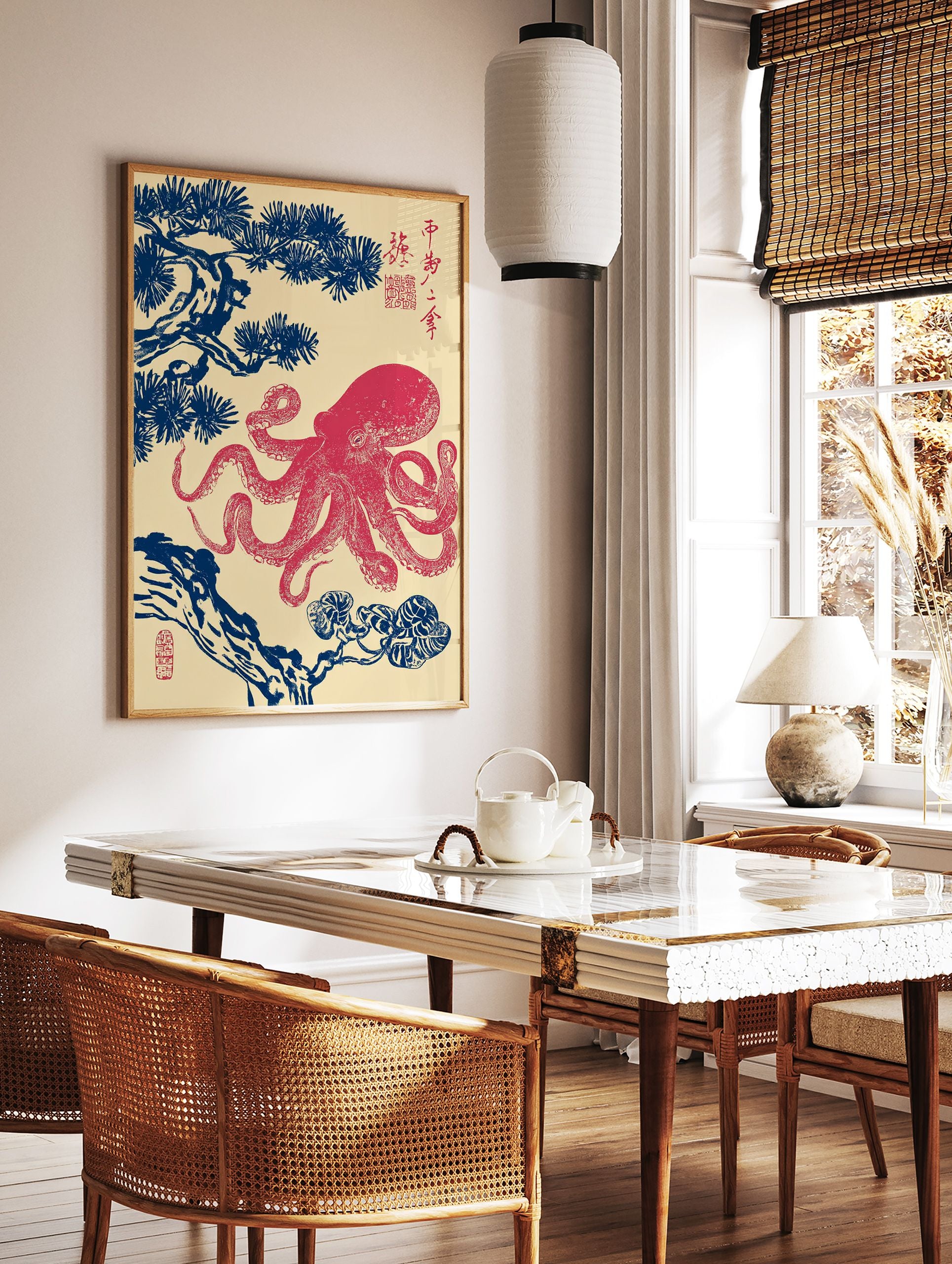 Ukiyo-e style Japanese octopus wall art print with a red octopus and blue pine branches on a light background. - Image 2