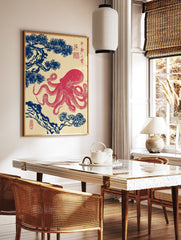 Ukiyo-e style Japanese octopus wall art print with a red octopus and blue pine branches on a light background. - Image 2