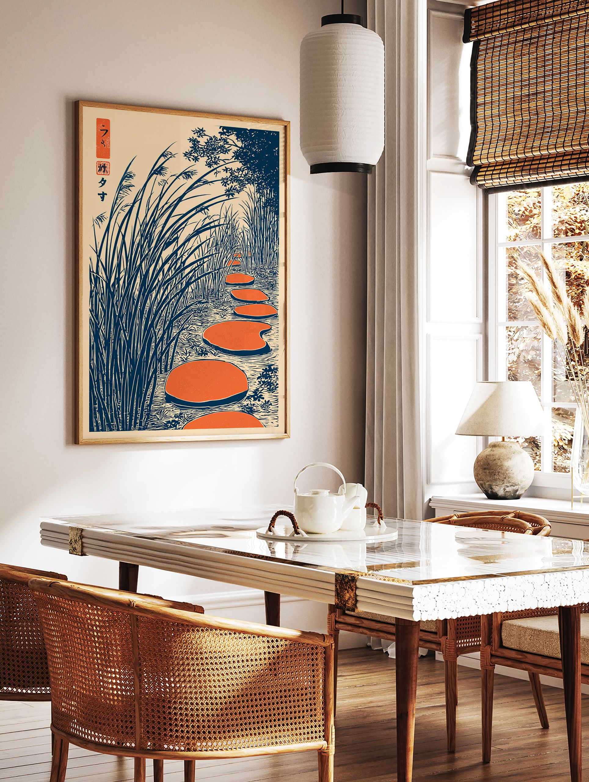 Japanese Ukiyo-e style wall art print showing orange stepping stones in water surrounded by tall blue reeds and trees. - Image 2