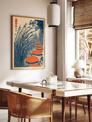 Japanese Ukiyo-e style wall art print showing orange stepping stones in water surrounded by tall blue reeds and trees. - Image 2