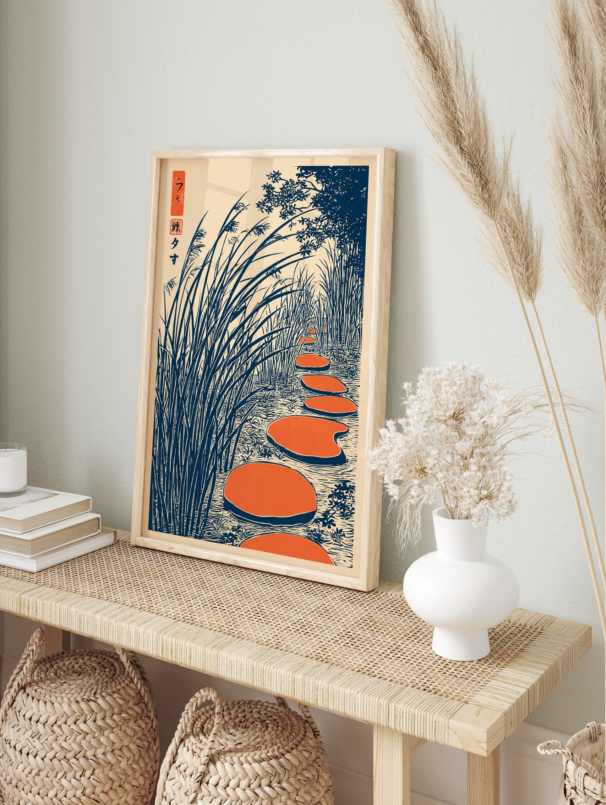 Japanese Ukiyo-e style wall art print showing orange stepping stones in water surrounded by tall blue reeds and trees. - Image 3