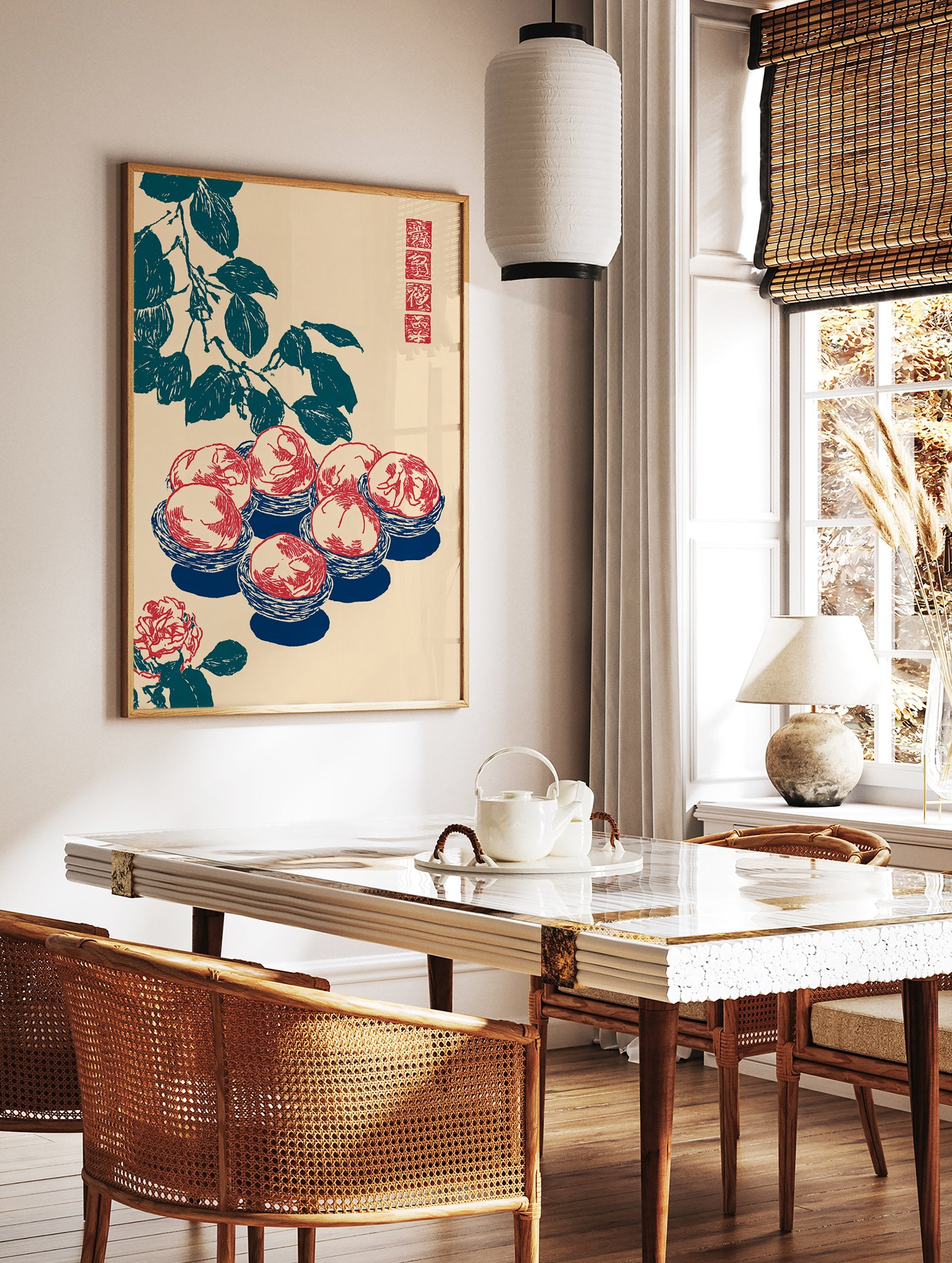 Japanese wall art illustration featuring red peaches in blue bowls, dark teal leaves, and a red rose on a beige background with a red seal. - Image 2