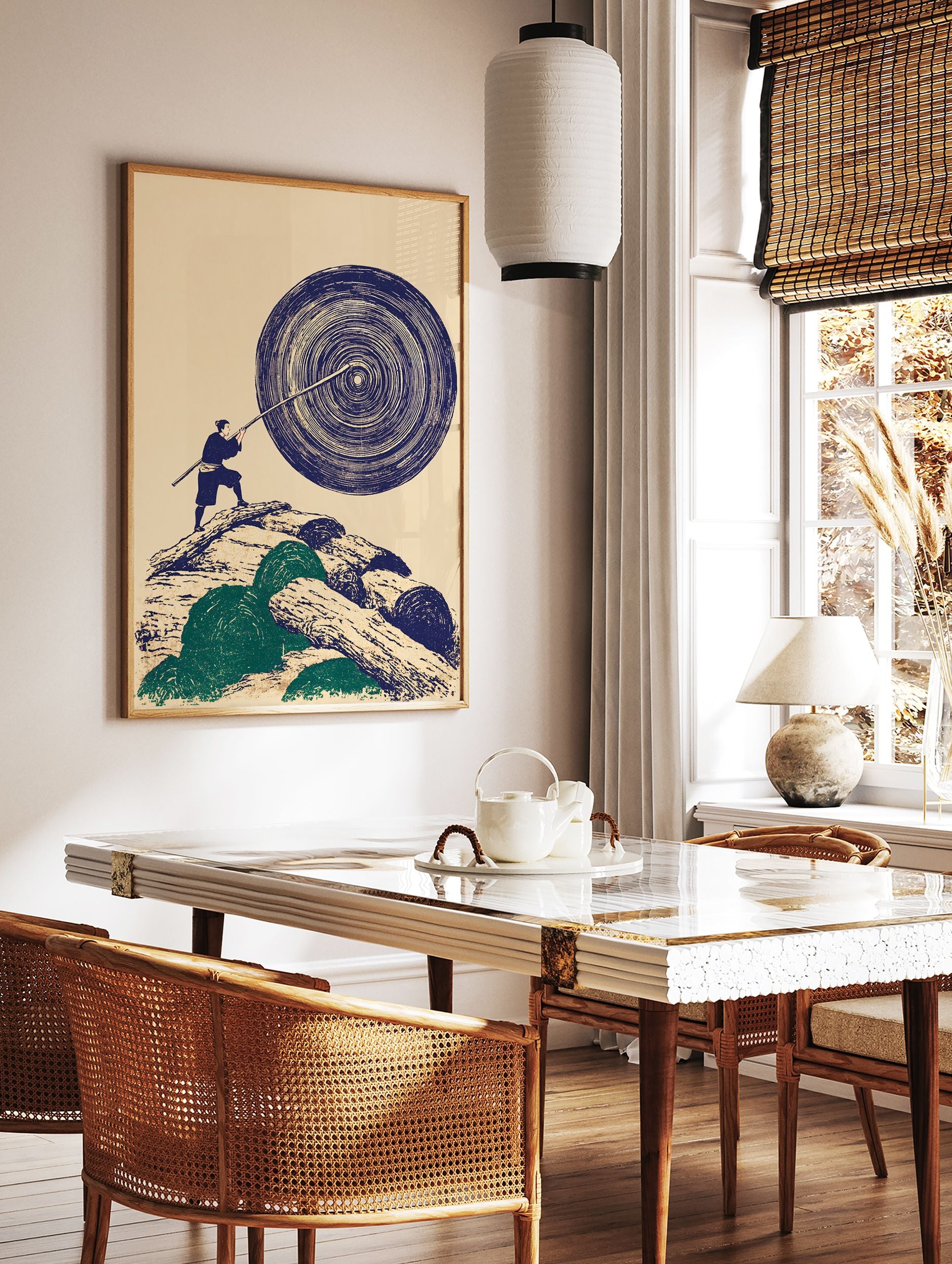 Japanese Wall Art print of a figure pushing a large abstract blue circle, standing on logs, in ukiyo-e style. - Image 2