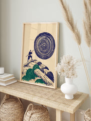 Japanese Wall Art print of a figure pushing a large abstract blue circle, standing on logs, in ukiyo-e style. - Image 3