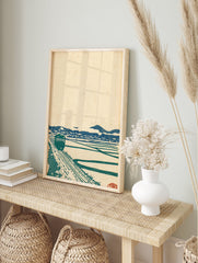 Japanese Wall Art print of a green train on tracks, blue mountains, and rice fields, in a vintage woodblock style. - Image 3