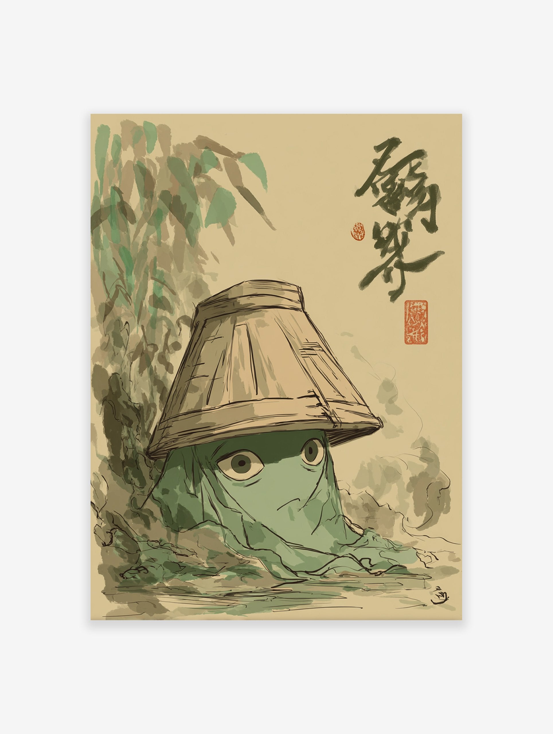 Whimsical green creature with large eyes wearing a straw hat, in a traditional Japanese illustrated wall art print