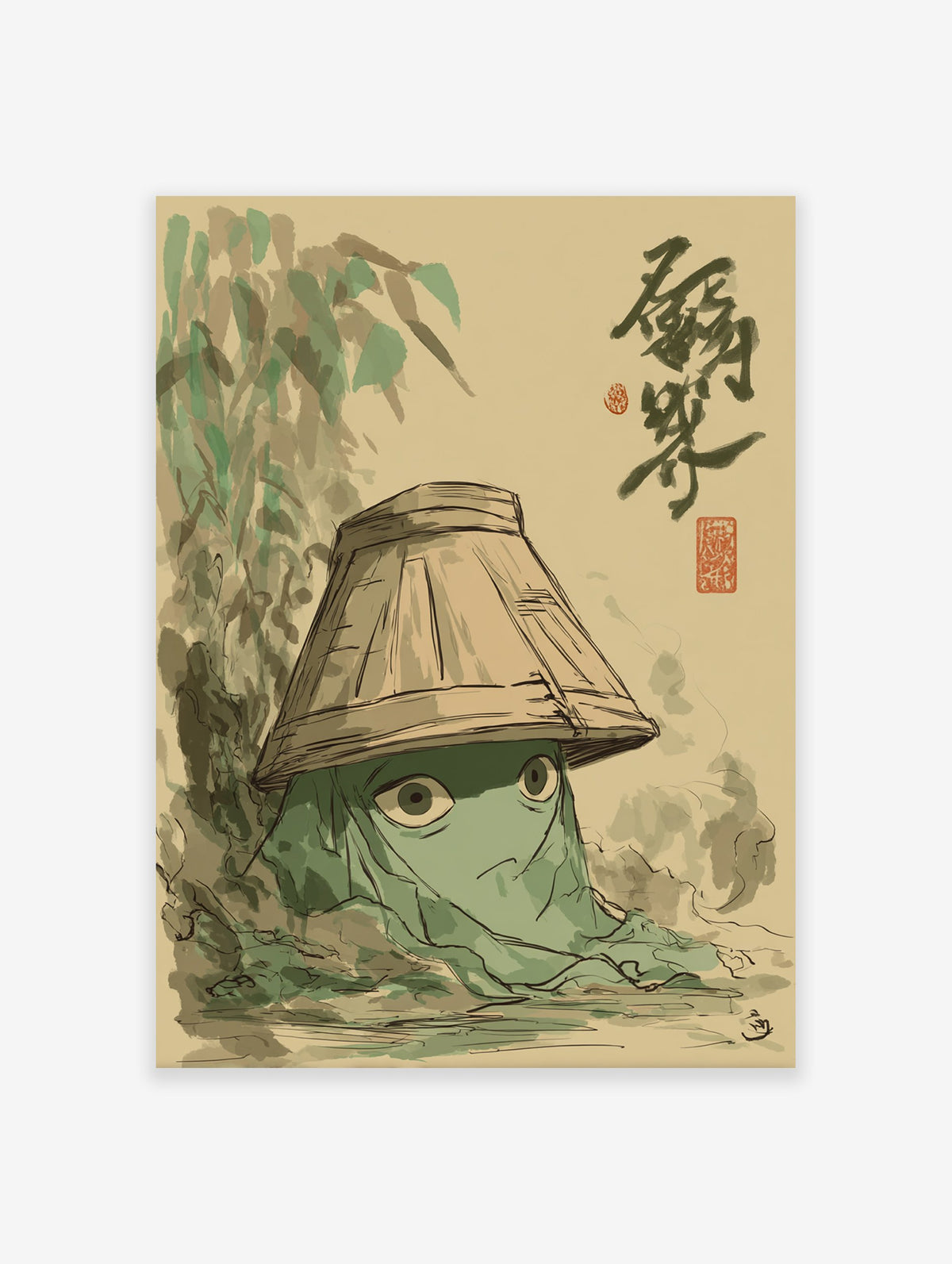 Whimsical green creature with large eyes wearing a straw hat, in a traditional Japanese illustrated wall art print
