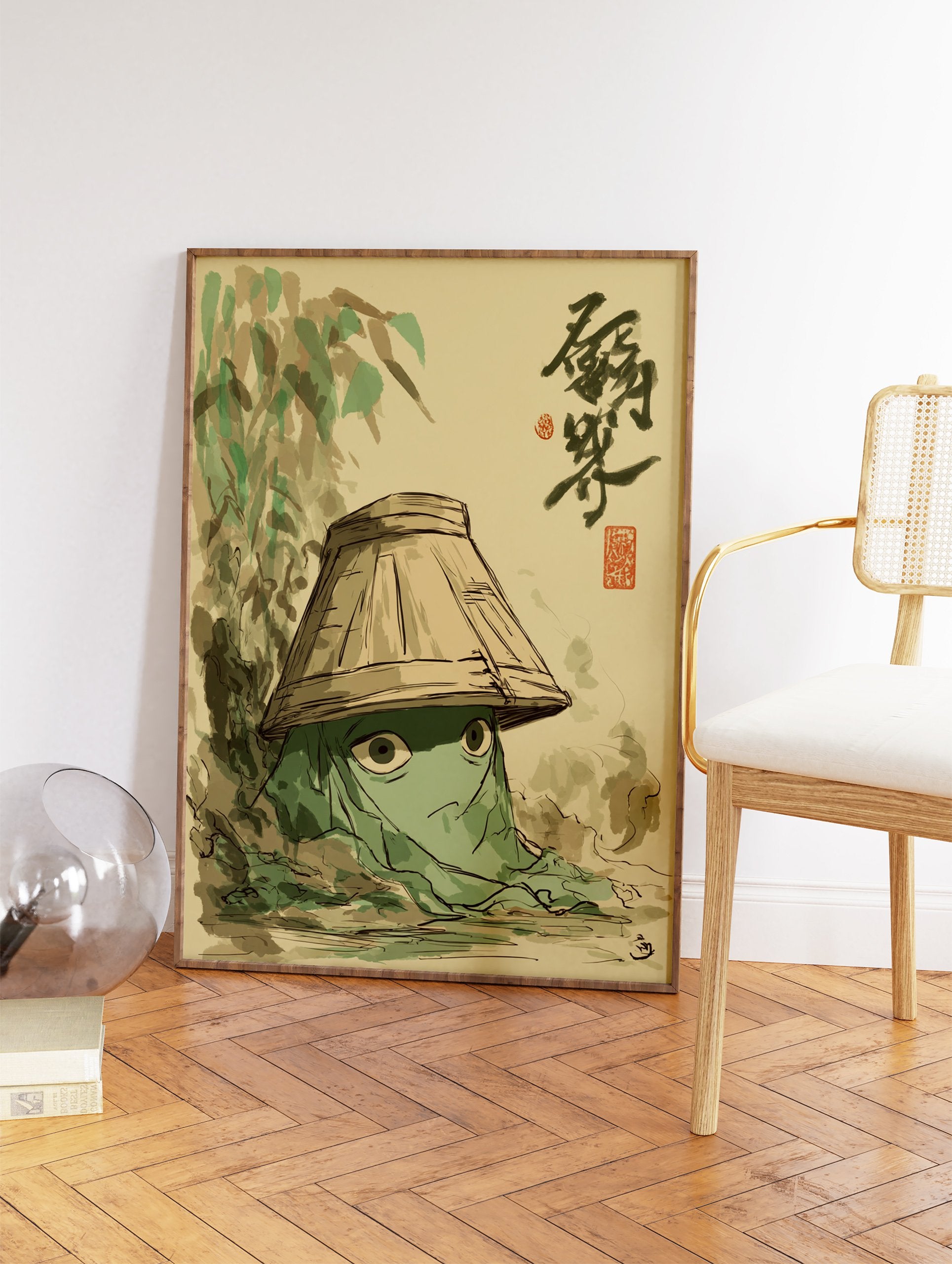 Whimsical green creature with large eyes wearing a straw hat, in a traditional Japanese illustrated wall art print - Image 2