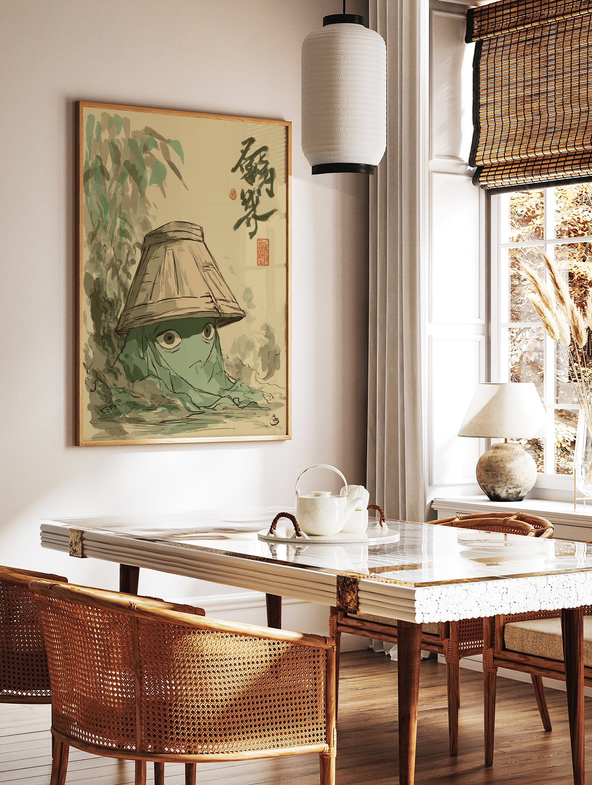Whimsical green creature with large eyes wearing a straw hat, in a traditional Japanese illustrated wall art print - Image 3