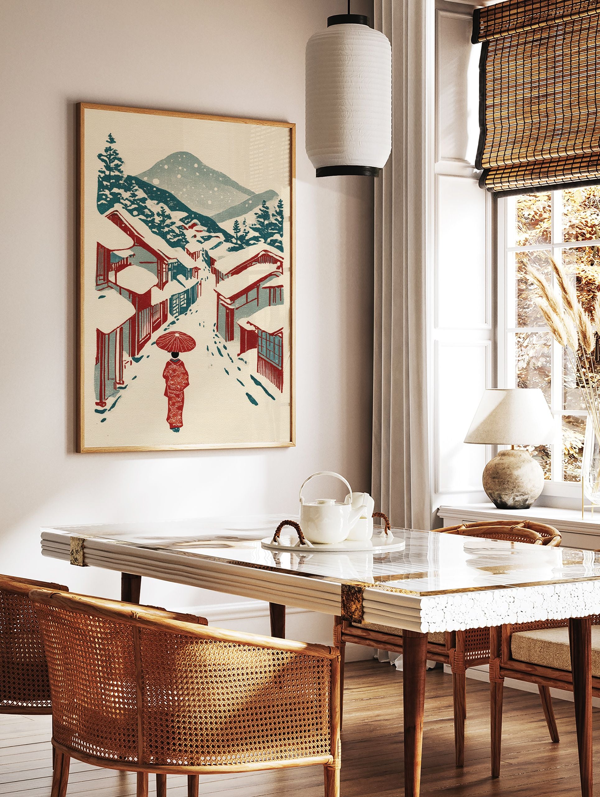 Japanese Wall Art print of a person in a red kimono with an umbrella walking down a snowy street with traditional houses and mountains. - Image 2