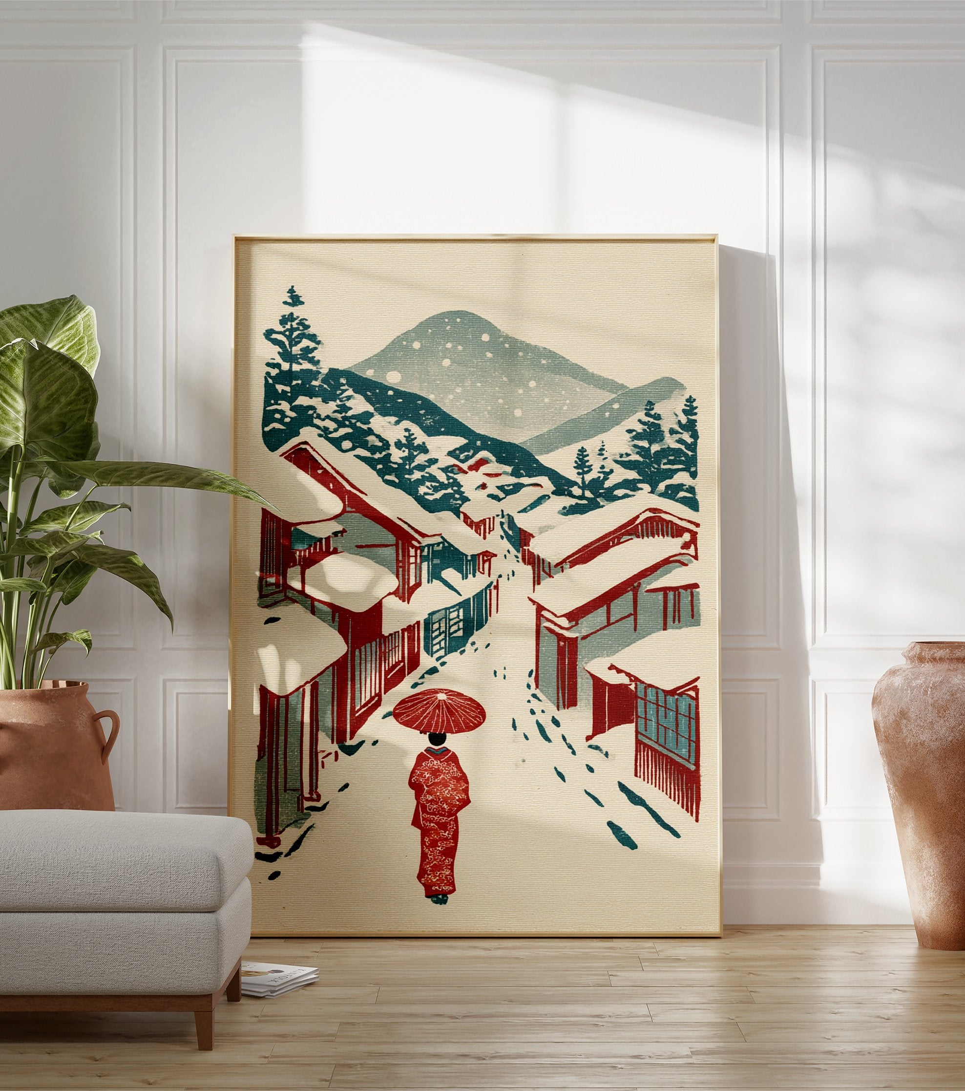 Japanese Wall Art print of a person in a red kimono with an umbrella walking down a snowy street with traditional houses and mountains. - Image 3
