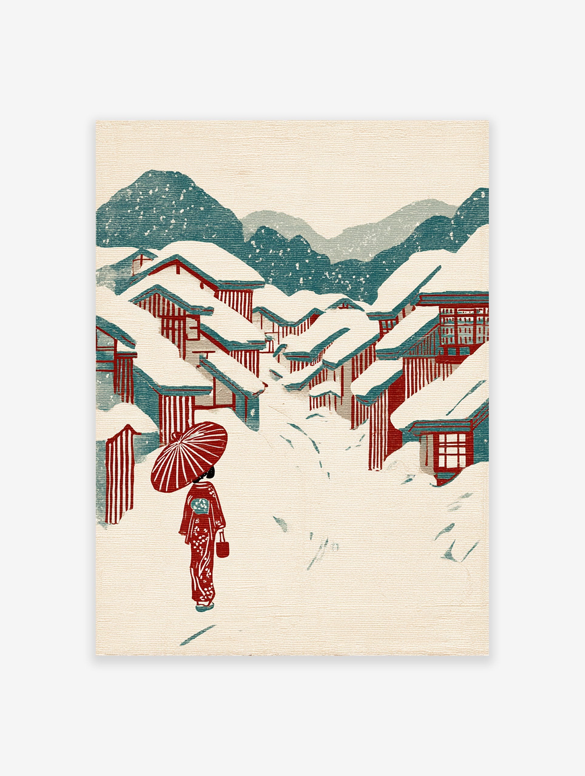 Japanese winter village wall art with snow-covered red-roofed houses, mountains, and a person in a red kimono with an umbrella.