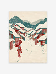 Japanese winter village wall art with snow-covered red-roofed houses, mountains, and a person in a red kimono with an umbrella.